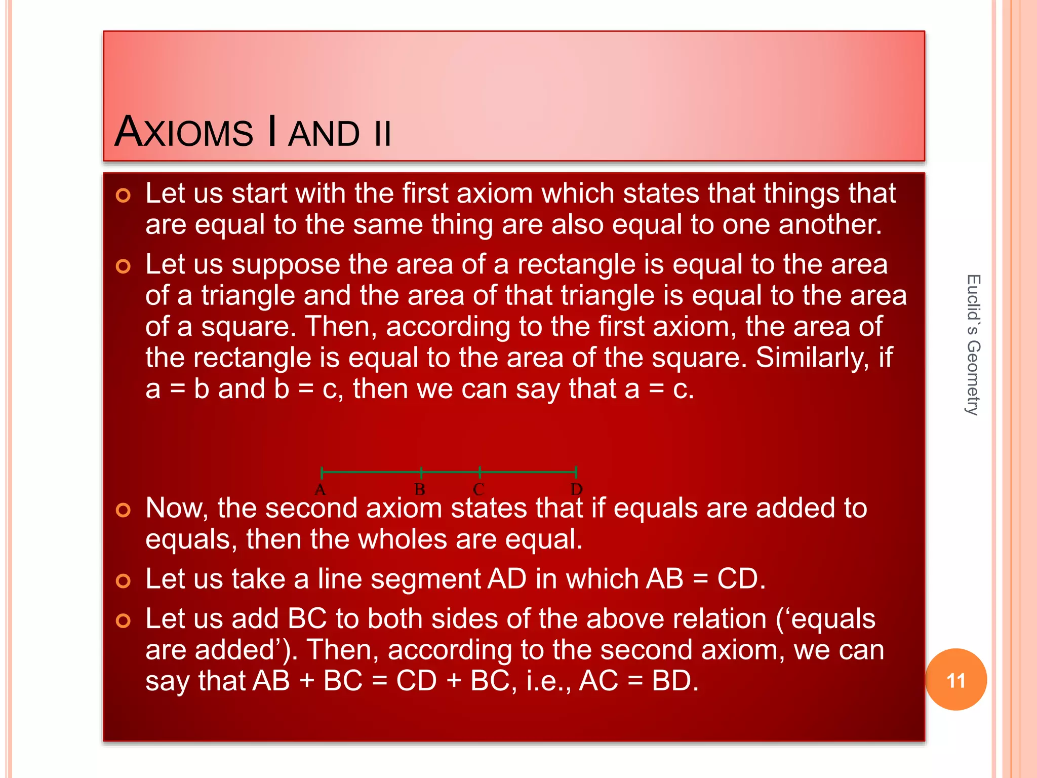 AXIOMS I AND II 
 Let us start with the first axiom which states that things that 
are equal to the same thing are also equal to one another. 
 Let us suppose the area of a rectangle is equal to the area 
of a triangle and the area of that triangle is equal to the area 
of a square. Then, according to the first axiom, the area of 
the rectangle is equal to the area of the square. Similarly, if 
a = b and b = c, then we can say that a = c. 
 Now, the second axiom states that if equals are added to 
equals, then the wholes are equal. 
 Let us take a line segment AD in which AB = CD. 
 Let us add BC to both sides of the above relation (‘equals 
Euclid`s Geometry 
are added’). Then, according to the second axiom, we can 
say that AB + BC = CD + BC, i.e., AC = BD. 11 
 
