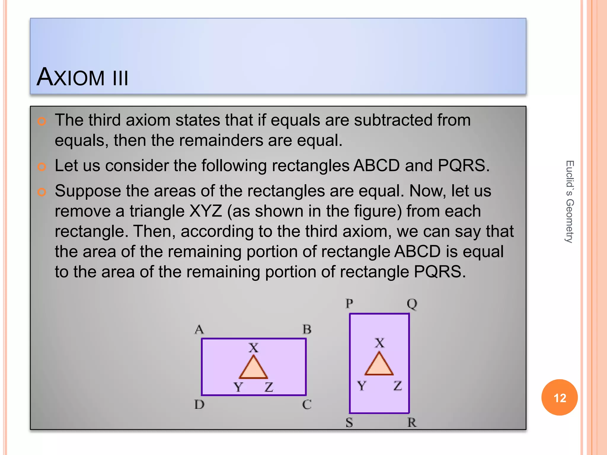 AXIOM III 
 The third axiom states that if equals are subtracted from 
equals, then the remainders are equal. 
 Let us consider the following rectangles ABCD and PQRS. 
 Suppose the areas of the rectangles are equal. Now, let us 
remove a triangle XYZ (as shown in the figure) from each 
rectangle. Then, according to the third axiom, we can say that 
the area of the remaining portion of rectangle ABCD is equal 
to the area of the remaining portion of rectangle PQRS. 
Euclid`s Geometry 
12 
 