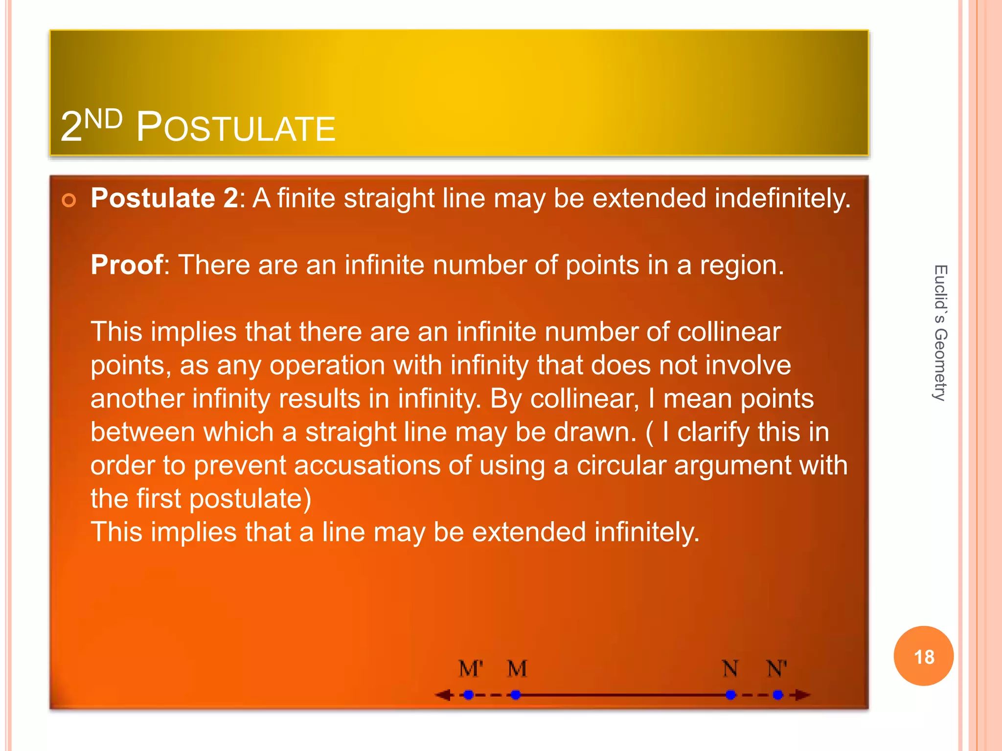 2ND POSTULATE 
 Postulate 2: A finite straight line may be extended indefinitely. 
Proof: There are an infinite number of points in a region. 
This implies that there are an infinite number of collinear 
points, as any operation with infinity that does not involve 
another infinity results in infinity. By collinear, I mean points 
between which a straight line may be drawn. ( I clarify this in 
order to prevent accusations of using a circular argument with 
the first postulate) 
This implies that a line may be extended infinitely. 
Euclid`s Geometry 
18 
 