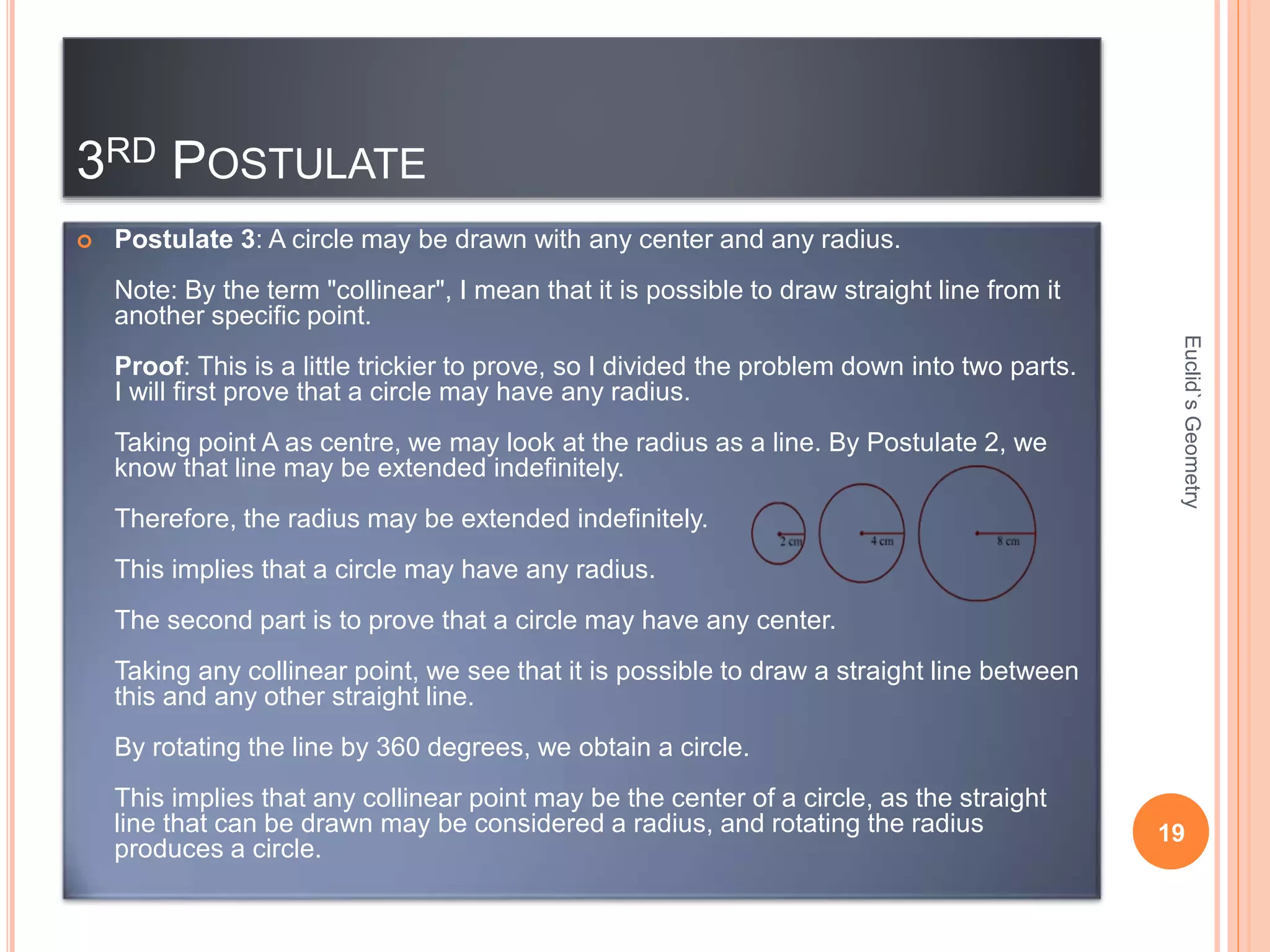 3RD POSTULATE 
 Postulate 3: A circle may be drawn with any center and any radius. 
Note: By the term "collinear", I mean that it is possible to draw straight line from it 
another specific point. 
Proof: This is a little trickier to prove, so I divided the problem down into two parts. 
I will first prove that a circle may have any radius. 
Taking point A as centre, we may look at the radius as a line. By Postulate 2, we 
know that line may be extended indefinitely. 
Therefore, the radius may be extended indefinitely. 
This implies that a circle may have any radius. 
The second part is to prove that a circle may have any center. 
Taking any collinear point, we see that it is possible to draw a straight line between 
this and any other straight line. 
By rotating the line by 360 degrees, we obtain a circle. 
This implies that any collinear point may be the center of a circle, as the straight 
line that can be drawn may be considered a radius, and rotating the radius 
produces a circle. 
Euclid`s Geometry 
19 
 
