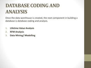 DATABASE CODING AND
ANALYSIS
Once the data warehouse is created, the next component in building a
database is database coding and analysis.
1. Lifetime Value Analysis
2. RFM Analysis
3. Data Mining/ Modelling
 