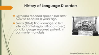 History of Language Disorders
Egyptians reported speech loss after
blow to head 3000 years ago
Broca (1861) finds damage to left
inferior frontal region (Broca’s area)
of a language impaired patient, in
postmortem analysis
Imrana Shakoor batch 2016
 