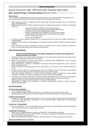 WORK EXPERIENCE

Summary of Experience in HSBC – EDPI Private Limited - Hyderabad, Andhra Pradesh

Role: – Assistant Manager - R2 Process Excellence (April ’10 - Till Date)

Role Context
This role requires understanding the business processes to map new processes within the guidelines and
time constraints established by the project manager / process design lead / Analyst.

   R2BP standards define the requirements for best-in-class business processes that are intended for
    group-wide deployment.
   R2BP standards provide a holistic approach focused on addressing all aspects of process management
    including :
                    –   Unique identification & definition of Business processes
                    –   Customer centric process design that leverages best practices
                    –   Controlling variants and standardizing processes
                    –   Building configurability and capability to reuse process modules
                    –   Process performance measurement, monitoring & improvement
                    –   Process change control and
                    – Process risk management
   A common process mapping notation that is understood across the Bank and enables consistency in
    implementation.
   Supports STP, Self service, Rationalization of processing locations, Roles & skills and identifies system
    linkages.
   R2BP standards are being continuously enhanced to address the life cycle of Business process with
    focus on process optimization and continuous improvement.

Roles & Responsibilities:

           Typical responsibilities span across design, deployment or improvement phases of a
           business process and include:
   Mapping of ‘AS IS’ and ‘TO BE’ process information in line with inputs received from the design team,
    using R2BP standards and tools such as Provision.
   Gathering and analysis of process data required for benchmarking, identification of best practices,
    design or deployment of business processes.
   Assist design leads / Analysts in identification of process improvement opportunities with a focus on
    continuous improvement.
   Assist in execution of processes performance improvements in the areas of cost, customer experience
    or risk.
   Working under the direction of process design leads and Analysts, ensure the business process design
    complies with One HSBC principles & R2BP and other group standard tools.
   Over time develop proficiency in specific banking products, project management, data analysis
    (sampling, simulation), business case generation, process analysis and modelling.
   Identifying, and categorizing Process variants (including configurable options) that may be applicable to
    a specific location in order to facilitate rationalization through a review of process information.
   Defining key process performance indicators in line with R2BP standard.
   Responsible for creation and maintenance of relevant documentation relating to design decisions,
    policies and procedures.

Key Achievements:

Principal Accountabilities
   Proven strategic thinking skills.
   Good analytical, problem solving, presentation, and written and verbal communication skills.
   Exceptional interpersonal skills with ability to gain the confidence and respect of senior executives.

Impact on the Business
  Completion of Process mapping deliverables on-time, to agreed quality, well presented and documented
   in line with R2BP standards. Contribution to overall process design, deployment and performance
   improvement projects.

Customers / Stakeholders
   Earn the confidence / trust of stakeholders with credible analysis, demonstrating a good understanding
    of the business situation and deep insight into data.

Leadership & Teamwork
  Ability to work independently and organize workload with minimal direct supervision.
  Demonstrated aptitude to learn new products / processes / businesses and gradually build expertise in
   one or more CoEs / process groups.
  Effectively collaborated with team members, share information and ensure success of the initiative.

Operational Effectiveness & Control
 