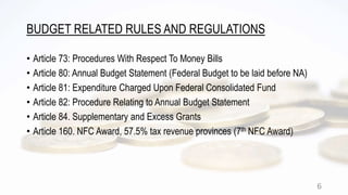 BUDGET RELATED RULES AND REGULATIONS
• Article 73: Procedures With Respect To Money Bills
• Article 80: Annual Budget Stat...