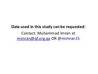 Data used in this study can be requested:
Contact: Muhammad Imran at
mimran@qf.org.qa OR @mimran15
 