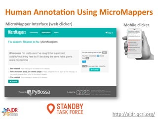 Human	AnnotaBon	Using	MicroMappers	
MicroMapper	Interface	(web	clicker)	
hcp://aidr.qcri.org/	
Mobile	clicker	
 
