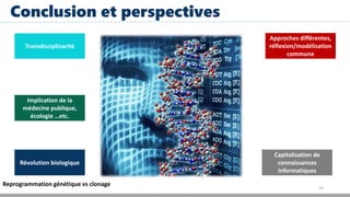 15
Conclusion et perspectives
Transdisciplinarité
Révolution biologique
Approches différentes,
réflexion/modélisation
commune
Capitalisation de
connaissances
informatiques
Reprogrammation génétique vs clonage
Implication de la
médecine publique,
écologie …etc.
 