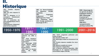 7
II.
Historique
1950-1970
1971-
1980
1981-
1990
1991-2000 2001-2016
1971: Premier travaux sur le
repliement des ARNs (J.
Ninio).
1973: "Génie Génétique"
1974: "Prediction of Protein
Conformation"
1977: Séquençage d'ADN
(Sanger, Maxam, Gilbert).
1977: Premier "package"
Bioinformatique
1978: Bases de données:
ACNUC, PIR, EMBL,
GenBank.
1951: Première séquence
protéique
1960: Lien entre séquence &
structure
1965: La divergence et la
convergence évolutionnaire
dans les protéines
1967: La construction des
arbres phylogénétiques Fitch &
Margoliash.
1970:programme d'alignement
global de deux sequences
1981: Los Alamos-GenBank:
270 séquences, 370.000
nucléotides.
1981: Programme
d'alignement local
1985:Programme "Fasta"
1990: Programme "Blast"
1990: Clonage positionnel et
séquençage de NF-1.
2000 : Séquençage du
1er génome de plante,
Arabidopsis thaliana.
2001: Séquençage
("premier jet")
complète du génome
humain.
2006-2012 :
reprogrammation
génétique (cellule IPS)
1991: "Grail", programme performant pour
localiser les gènes
1991: Étiquettes d'ADNc "EST"
1992: Séquençage complet du chromosome III de
levure.
1995: Première séquence complète d'un micro-
organisme
1996: Séquence complète de la levure
1997: Programme "Gapped Blast"
1997: 11 génomes bactériens disponibles. 1998:
Séquençage du 1er organisme pluricellulaire,
Caenorhabditis elegans (100 Mb).
 