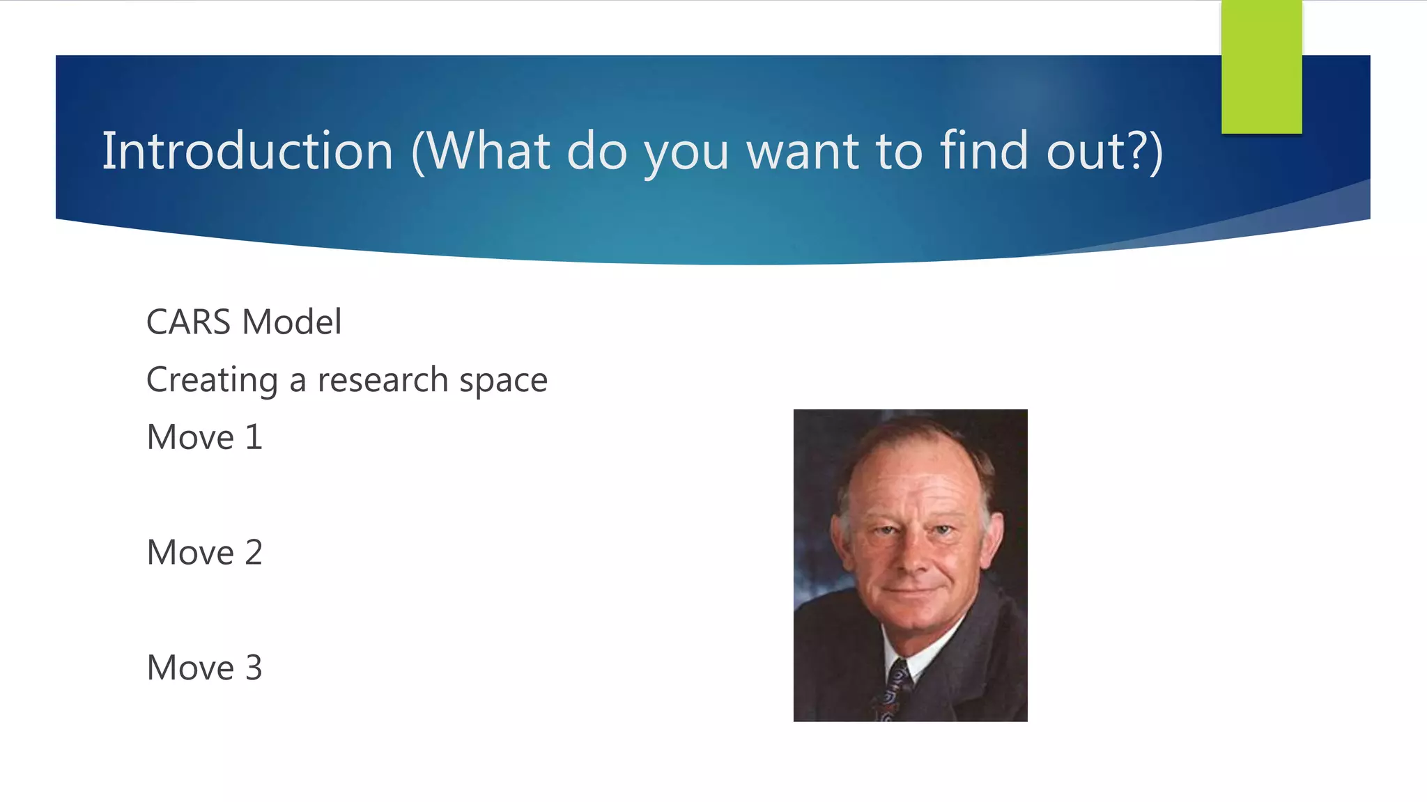 Introduction (What do you want to find out?)
CARS Model
Creating a research space
Move 1
Move 2
Move 3
 