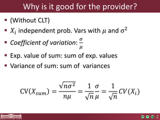 Whyis itgoodfortheprovider? 
(WithoutCLT) 
푋푖independentprob. Varswith휇andσ2 
Coefficientof variation: 휎 휇 
Exp. valueof sum: sumof exp. values 
Varianceof sum: sumof variances 
CV푋푠푢푚= 푛휎2 푛휇 = 1 푛 휎 휇 = 1 푛 퐶푉(푋푖)  