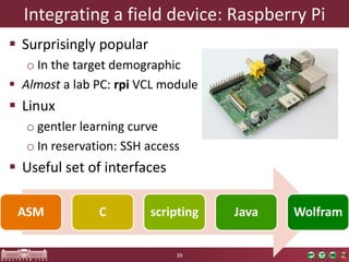 Integratinga fielddevice: RaspberryPi 
39 
Surprisinglypopular 
oInthetargetdemographic 
Almost a labPC:rpiVCL module 
Linux 
ogentlerlearningcurve 
oInreservation: SSH access 
Usefulsetof interfaces 
ASM 
C 
scripting 
Java 
Wolfram  