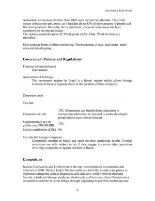 Kyra Bath & Body Works


tarmacked, an increase of more than 300% over the last two decades. This is the
means of transport used most, as it handles about 85% of the transport of people and
Brazilian products. Recently, the exploitation of several motorways has been
transferred to the private sector.
The railway network carries 22.5% of goods traffic. Only 7% of the lines are
electrified.

Most popular forms of direct marketing: Telemarketing, e-mail, mail order, radio
sales and teleshopping.


Government Policies and Regulations

Freedom of establishment
      Guaranteed.

Acquisition of holdings
      The investment regime in Brazil is a liberal regime which allows foreign
      investors to have a majority share in the creation of their company.


Corporate taxes

Tax rate

                            15%. Companies can benefit from reductions or
Corporate tax rate          exemptions when they are located in under-developed
                            geographical areas (zonas francas).
Supplementary tax on
                          10%
profits over 240 000 BRL
Social contribution (CSL) 9%

Tax rate for foreign companies
       Companies resident in Brazil pay taxes on their worldwide profits. Foreign
       companies are only subject to tax if they engage in certain sales operations
       involving companies or agents resident in Brazil.


Competitors

Natura Cosmaticos and Unilever were the top two companies in cosmetics and
toiletries in 2008. Overall leader Natura continued to be the number one player in
important categories such as fragrances and skin care, while Unilever invested
heavily in bath and shower products, deodorants and hair care. Avon Products has
increased its activity in direct selling through upgrading its portfolio including new


                                           6
 
