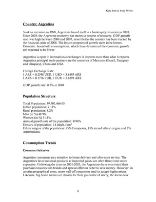 Kyra Bath & Body Works




Country: Argentina

Sunk in recession in 1998, Argentina found itself in a bankruptcy situation in 2001.
Since 2003, the Argentine economy has started a process of recovery. GDP growth
rate was high between 2004 and 2007, nevertheless the country has been trucked by
the financial crisis of 2008. The future prospects of growth seem to be lowers.
Domestic household consumptions, which have dynamized the economic growth
are expected to be lower.

Argentina is open to international exchanges: it imports more than what it exports.
Argentina principal trade partners are the countries of Mercosur (Brazil, Paraguay
and Uruguay), China and USA

Foreign Exchange Rate:
1 ARS = 0.2598 USD, 1 USD = 3.8493 ARS
1 ARS = 0.1776 EUR, 1 EUR = 5.6291 ARS

GDP growth rate: 0.7% in 2010


Population Structure

Total Population: 39,503,466.05
Urban population: 91.8%
Rural population: 8.2%
Men (in %) 48.9%
Women (in %) 51.1%
Annual growth rate of the population: 0.94%
Density of population: 14 inhab./km²
Ethnic origins of the population: 85% Europeans, 13% mixed ethnic origins and 2%
Amerindians.


Consumption Trends

Consumer behavior

Argentine consumers pay attention to home delivery and after-sales service. The
Argentines favor national products as imported goods are often three times more
expensive. Following the crisis in 2001-2002, the Argentines have reoriented their
purchases towards sub-brands and special offers in order to save money. However, in
certain geographical areas, more well-off consumers tend to accept higher prices.
Likewise, big brand names are chosen for their guarantee of safety, the know-how




                                          8
 