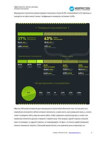 Эффективность сайтов и рекламы
интернет-магазинов

Вернувшиеся посетители демонстрируют показатель отказа 45,4%, посматривают 5,72 страницы и
находятся на сайте около 5 минут. Коэффициент конверсии составляет 1,05%.




Обычно, бОльшую конверсию для вернувшихся посетителей объясняют тем, что они уже не в
первый раз пользуются сайтом интернет-магазина и, скорее всего, уже совершали заказ, а, значит,
знают те разделы сайта, куда им нужно зайти, чтобы совершить покупку еще раз, и знают, как
правильно заполнить данные в корзине с первого раза. Этот вывод с одной стороны слишком
прост и очевиден, а с другой стороны, не подтверждаем. Не факт, что много людей совершают
именно повторные покупки. С большей вероятностью, они сравнили цены и вернулись на


                                               Телефон: (495) 644-31-40, | www.webprofiters.ru   8
 