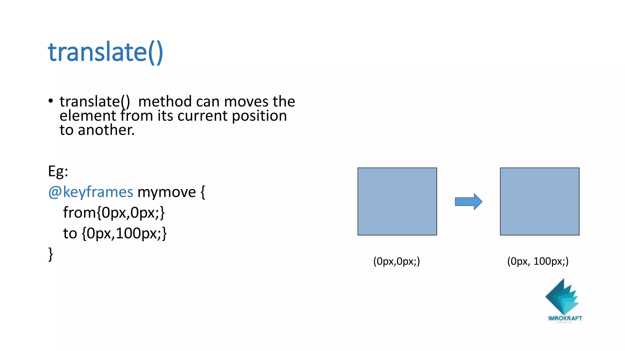 translate()
• translate() method can moves the
element from its current position
to another.
Eg:
@keyframes mymove {
from{0px,0px;}
to {0px,100px;}
} (0px,0px;) (0px, 100px;)
 