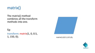 matrix()
The matrix() method
combines all the transform
methods into one.
Eg:
transform: matrix(1, 0, 0.5,
1, 150, 0); matrix(1,0,0.5,1,0.5,0);
 
