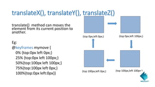 translateX(), translateY(), translateZ()
translate() method can moves the
element from its current position to
another.
Eg:
@keyframes mymove {
0% {top:0px left 0px;}
25% {top:0px left 100px;}
50%{top:100px left 100px;}
75%{top:100px left 0px;}
100%{top:0px left:0px}}
(top 0px,left 0px;) (top 0px,left 100px;)
(top 100px,left 0px;) (top 100px,left 100px;)
 