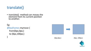 translate()
• translate() method can moves the
element from its current position
to another.
Eg:
@keyframes mymove {
from{0px,0px;}
to {0px,100px;}
} (0px,0px;) (0px, 100px;)
 