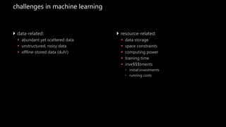 challenges in machine learning
 data-related:
 abundant yet scattered data
 unstructured, noisy data
 offline-stored data (duh!)
 resource-related:
 data storage
 space constraints
 computing power
 training time
 inve$$$tments
• initial investments
• running costs
 