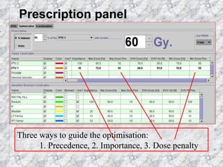 Prescription panel Three ways to guide the optimisation:  1. Precedence, 2. Importance, 3. Dose penalty  