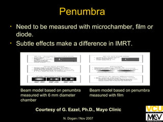 Penumbra Need to be measured with microchamber, film or diode. Subtle effects make a difference in IMRT. Beam model based on penumbra measured with 6 mm diameter chamber Beam model based on penumbra measured with film Courtesy of G. Ezzel, Ph.D., Mayo Clinic 