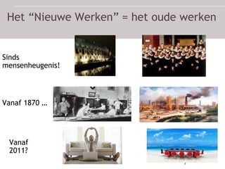 Het “Nieuwe Werken” = het oude werken


Sinds
mensenheugenis!



Vanaf 1870 …




 Vanaf
 2011?
 
