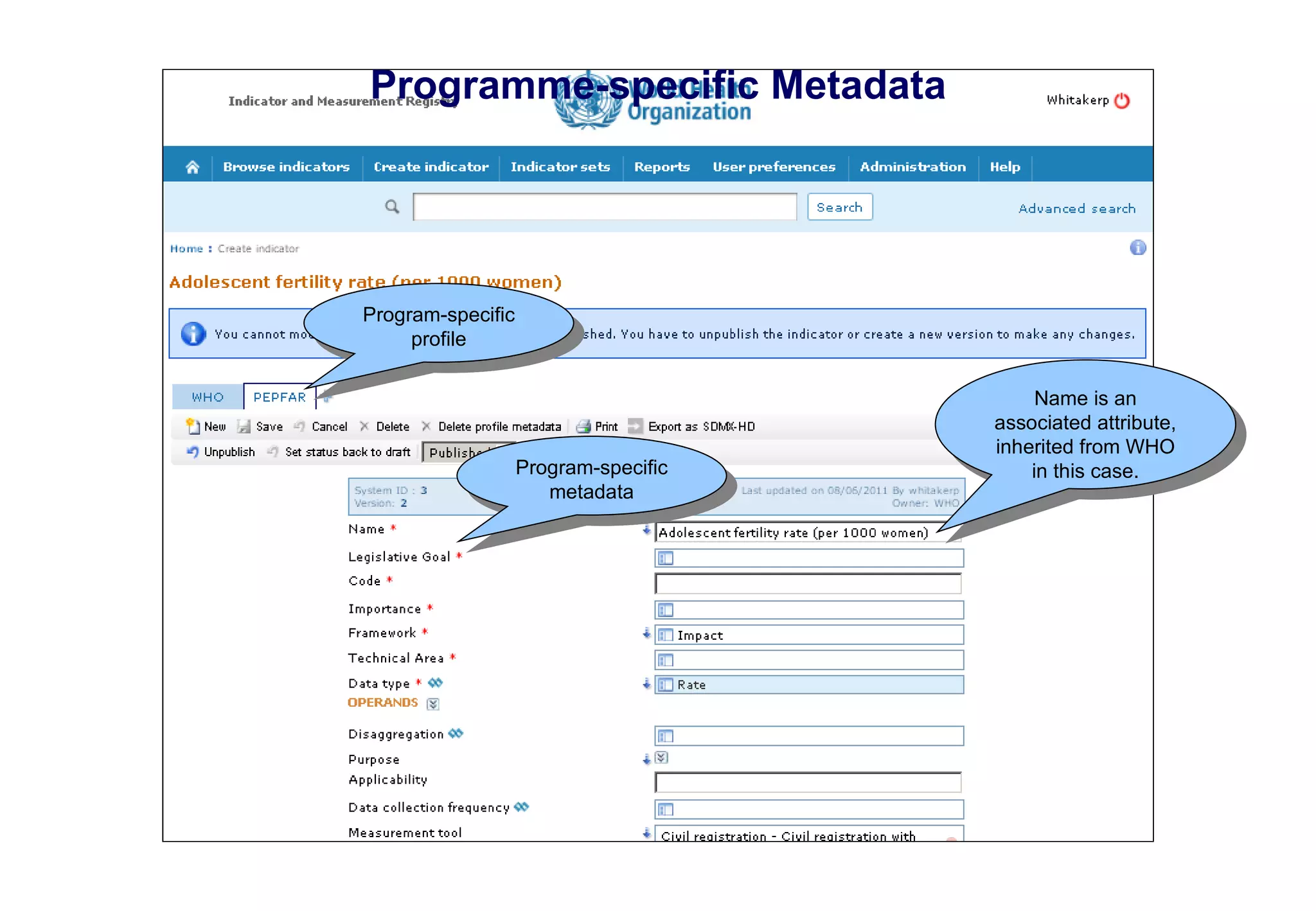 Programme-specific Metadata




Program-specific
     profile

                                           Name is an
                                      associated attribute,
                                      inherited from WHO
                   Program-specific       in this case.
                      metadata
 