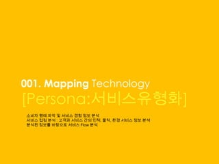 001. Mapping Technology
[Persona:서비스유형화]
소비자 행태 파악 및 서비스 경험 정보 분석
서비스 접점 분석 : 고객과 서비스 간의 인적, 물적, 환경 서비스 정보 분석
분석된 정보를 바탕으로 서비스 Flow 분석
 