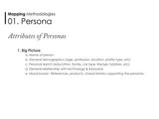 1. Big Picture
a. Name of person
b. General demographics (age, profession, location, profile type, etc)
c. Personal sketch (education, family, car type. lifestyle, hobbies, etc)
d. General relationship with technology & Keywords
e. Mood board : References, products, characteristics supporting the personas.
Mapping Methodologies
01. Persona
 