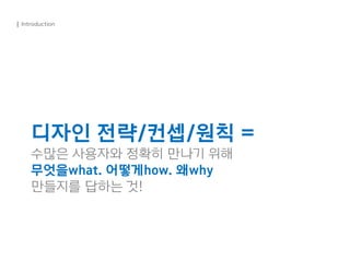 디자인 전략/컨셉/원칙 =
수많은 사용자와 정확히 만나기 위해
무엇을what. 어떻게how. 왜why
만들지를 답하는 것!
| Introduction
 