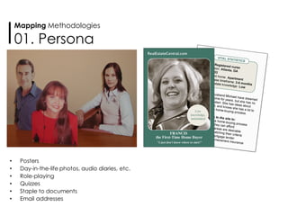 • Posters
• Day-in-the-life photos, audio diaries, etc.
• Role-playing
• Quizzes
• Staple to documents
• Email addresses
Mapping Methodologies
01. Persona
 