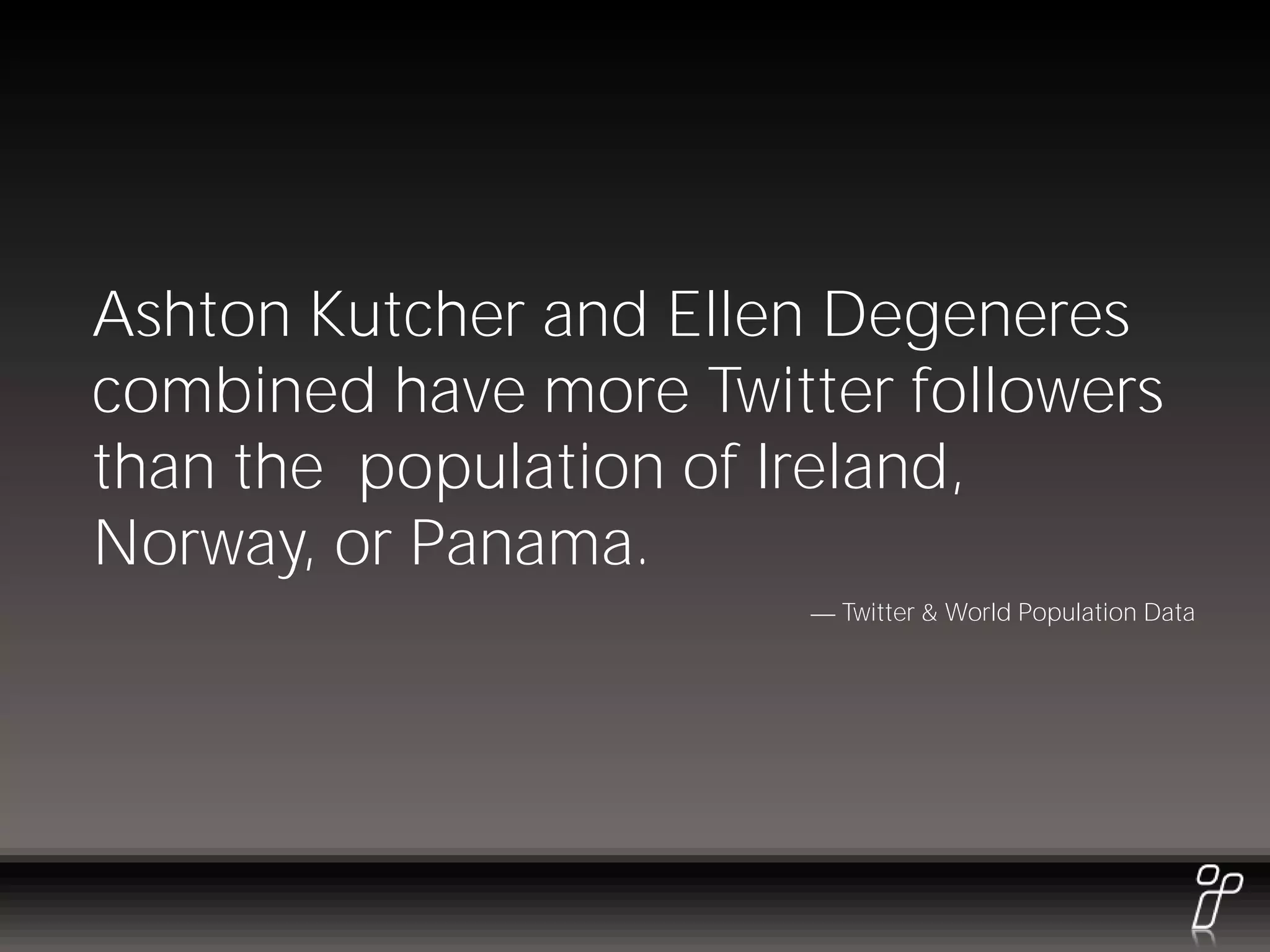 Ashton Kutcher and Ellen Degeneres
combined have more Twitter followers
than the population of Ireland,
Norway, or Panama.
                         Twitter & World Population Data
 