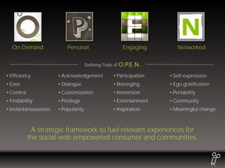 On-Demand               Personal                         Engaging      Networked


                                     Defining Traits of   O.P.E.N.
• Efficiency          • Acknowledgement             • Participation   • Self-expression
• Ease                • Dialogue                    • Belonging       • Ego gratification
• Control             • Customization               • Immersion       • Portability
• Findability         • Privilege                   • Entertainment   • Community
• Instantaneousness   • Popularity                  • Inspiration     • Meaningful change



             A strategic framework to fuel relevant experiences for
            the social-web empowered consumer and communities.
 