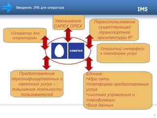 Введение.  IMS  для оператора Открытый интерфейс к платформе услуг Единые:  ядро сети платформа предоставления услуг система управления и тарификации база данных Уменьшение  CAPEX,OPEX Предоставление персонифицированных и пакетных услуг – повышение лояльности пользователей Переиспользование существующей транспортной архитектуры  IP «Оператор для операторов» 