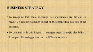 BUSINESS STRATEGY
• To recognize that while exchange rate movements are difficult to
predict , it can have a major impact on the competitive position of the
business.
• To contend with this impact , managers need strategic flexibility .
Example : dispersing production to different locations.
 
