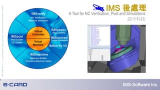 1
IMSSoftware,Inc.,isprovidingNCpostprocessing,verificationandsimulationsolutions
IMS-Software Inc.
IMS 後處理
A Tool for NC Verification, Post and Simulations
誼卡科技
 