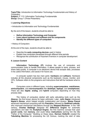 Comprehensive Introduction to IT Fundamentals and Computer History | DOCX