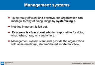 10Running title of presentation
PR/mo/item ID
Date
Management systemsManagement systems
To be really efficient and effective, the organization can
manage its way of doing things by systemizing it.
Nothing important is left out.
Everyone is clear about who is responsible for doing
what, when, how, why and where.
Management system standards provide the organization
with an international, state-of-the-art model to follow.
 