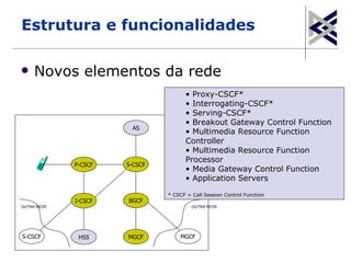 Estrutura e funcionalidades

    Novos elementos da rede
                                     • Proxy-CSCF*
                                     • Interrogating-CSCF*
                                     • Serving-CSCF*
                                     • Breakout Gateway Control Function
                       AS
                                     • Multimedia Resource Function
                                     Controller
                                     • Multimedia Resource Function
                                     Processor
             P-CSCF   S-CSCF
                                     • Media Gateway Control Function
                                     • Application Servers

                               * CSCF = Call Session Control Function
             I-CSCF   BGCF
OUTRA REDE                              OUTRA REDE




S-CSCF        HSS     MGCF         MGCF
 