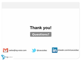 Thank you!Thank you!
Questions?
@caruizdiaz linkedin.com/in/caruizdiazcarlos@ng-voice.com
 