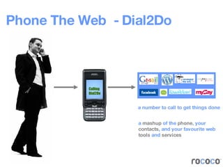 Phone The Web  - Dial2Do a number to call to get things done a  mashup  of the  phone , your  contacts , and your favourite web  tools  and  services Calling Dial2Do 