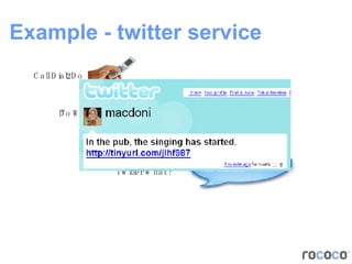 Example - twitter service “ Twitter” “ In the pub, the singing  has started.  ” Call Dial2Do “ Do What?” “ Twitter What ?” 