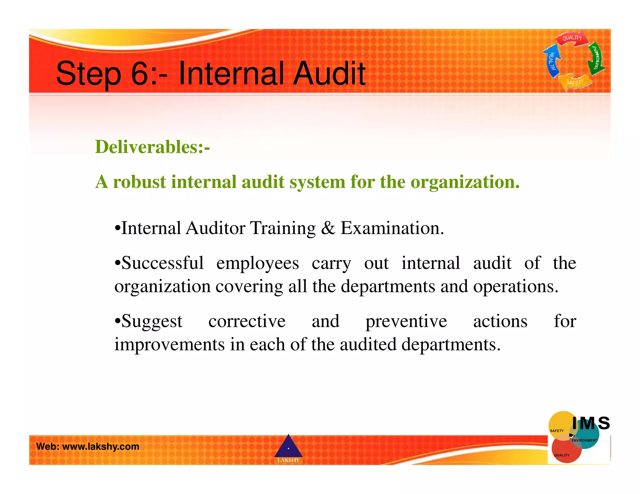 Step 6:- Internal Audit 
Deliverables:- 
A robust internal audit system for the organization. 
•Internal Auditor Training  Examination. 
•Successful employees carry out internal audit of the 
organization covering all the departments and operations. 
•Suggest corrective and preventive actions for 
improvements in each of the audited departments. 
Web: www.lakshy.com 
 
