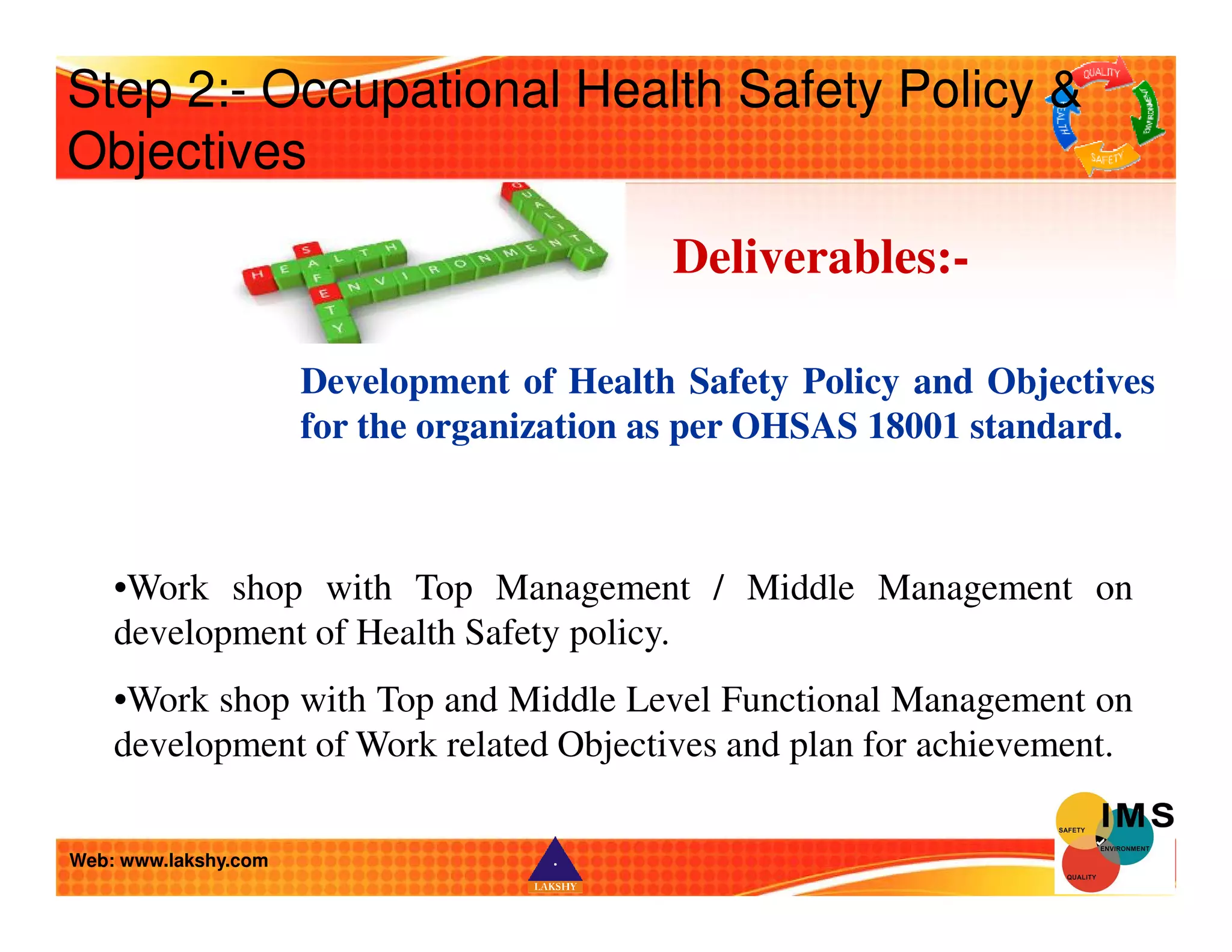 Step 2:- Occupational Health Safety Policy  
Objectives 
Deliverables:- 
Development of Health Safety Policy and Objectives 
for the organization as per OHSAS 18001 standard. 
•Work shop with Top Management / Middle Management on 
development of Health Safety policy. 
•Work shop with Top and Middle Level Functional Management on 
development ofWork related Objectives and plan for achievement. 
Web: www.lakshy.com 
 