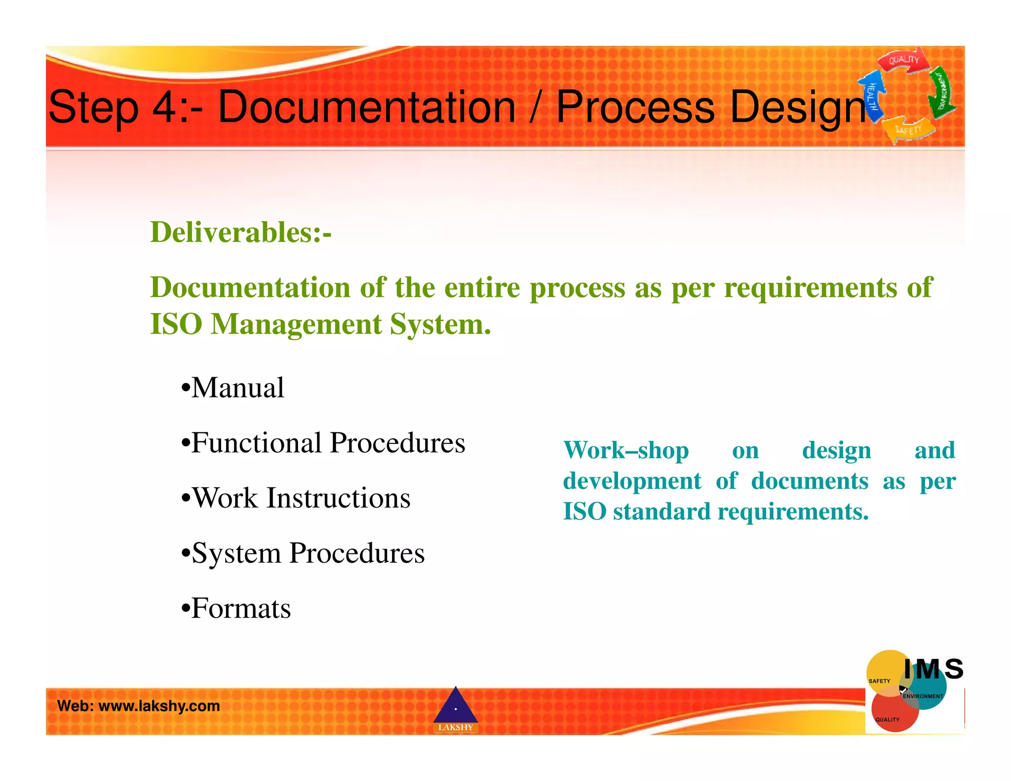 Step 4:- Documentation / Process Design 
Deliverables:- 
Documentation of the entire process as per requirements of 
ISO Management System. 
•Manual 
•Functional Procedures 
•Work Instructions 
•System Procedures 
•Formats 
Work–shop on design and 
development of documents as per 
ISO standard requirements. 
Web: www.lakshy.com 
 