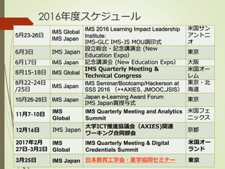 2016年度スケジュール
5月23-26日
IMS Global
IMS Japan
IMS 2016 Learning Impact Leadership
Institute:
IMS-GLC IMS-JS MOU調印式
米国サン
アントニ
オ
6月3日 IMS Japan
設立総会・記念講演会 (New
Education Expo）
東京
6月17日 IMS Japan 記念講演会 (New Education Expo） 大阪
8月15-18日 IMS Global
IMS Quarterly Meeting &
Technical Congress
米国オー
レム
8月22-24日
/25日
IMS Japan
IMS Seminar/Bootcamp/Hackerson at
SSS 2016 （++AXIES, JMOOC,JSIS）
東京・北
海道
10月26-28日 IMS Japan
Japan e-Learning Award Forum
IMS Japan賞授与式
東京
11月7-10日
IMS
Global
IMS Quarterly Meeting and Analytics
Summit
米国フェ
ニックス
12月16日 IMS Japan
大学ICT推進協議会（AXIES)関連
ワーキング合同部会
京都
2017年2月
27日-3月2日
IMS
Global
IMS Quarterly Meeting & Digital
Credentials Summit
米国オー
ランド
3月25日 IMS Japan 日本教育工学会・産学協同セミナー 東京
 
