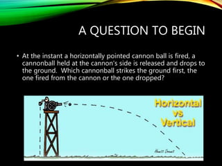 A QUESTION TO BEGIN
• At the instant a horizontally pointed cannon ball is fired, a
cannonball held at the cannon’s side is released and drops to
the ground. Which cannonball strikes the ground first, the
one fired from the cannon or the one dropped?
 