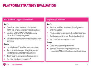 23.4.13 13
Pro’s
§  Classical supp. services off-the-shelf
(MMTel) à universal service obligation
§  Existing CPE’s/HAG’s/MSAN’s easily
capable of being integrated
§  Standardized mechanism to integrate new
services
Con’s
§  Usually huge IT load for transformation
§  Technical challenges (UNI/NNI, multi-
vendor setups, standard deviations)
§  Technical vs. commercial perspective
§  No “standardized innovation”
PLATFORMSTRATEGYEVALUATION
IMS platform & application server
Pro’s
§  Flexible and fast in terms of configuration
and integration
§  Fraction cost to get started, no licenses/user
§  Easily extensible, even if not standardized
§  In-house/in-country resources
Con’s
§  Case-by-case design needed
§  Service mash-ups require additional
resources (API modifications, customization)
Lightweight platform
 