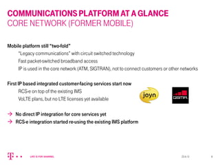 COMMUNICATIONSPLATFORMATAGLANCE
CORE NETWORK (FORMER MOBILE)
Mobile platform still “two-fold”
“Legacy communications” with circuit switched technology
Fast packet-switched broadband access
IP is used in the core network (ATM, SIGTRAN), not to connect customers or other networks
First IP based integrated customer-facing services start now
RCS-e on top of the existing IMS
VoLTE plans, but no LTE licenses yet available
à  No direct IP integration for core services yet
à  RCS-e integration started re-using the existing IMS platform
23.4.13 6
 