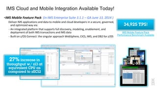 IMS Cloud and Mobile Integration Available Today!
IMS Mobile Feature Pack (in IMS Enterprise Suite 3.1.1 – GA June 13, 2014 )
Deliver IMS applications and data to mobile and cloud developers in a secure, governed,
and optimized way via:
– An integrated platform that supports full discovery, modeling, enablement, and
deployment of both IMS transactions and IMS data
– Built on z/OS Connect: the singular approach WebSphere, CICS, IMS, and DB2 for z/OS
21
IMS Mobile Feature Pack
Performance Benchmark Available
 